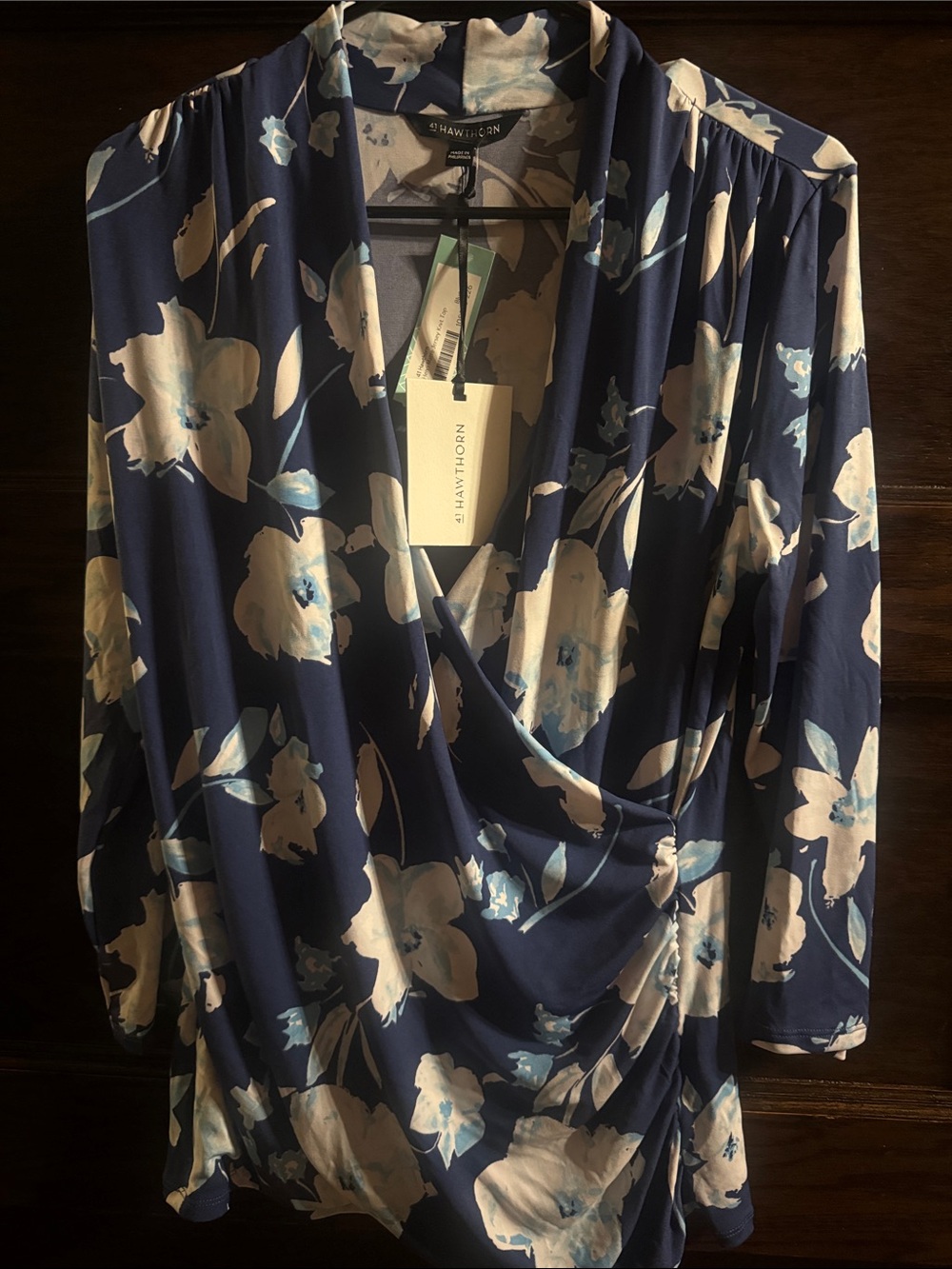 41 Hawthorn Navy Floral Wrap Blouse with Cream and Light Blue Flowers, NWT